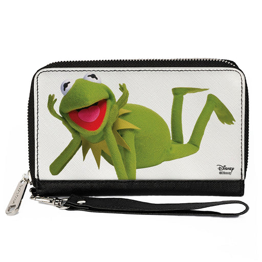 Women's PU Zip Around Wallet Rectangle - Muppets Kermit the Frog Lying Down Pose White Clutch Zip Around Wallets Disney   