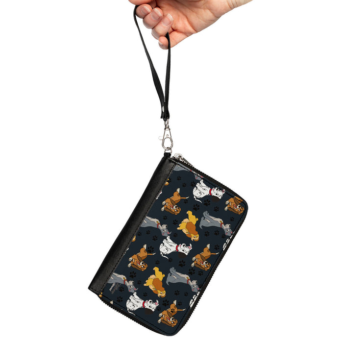 Women's PU Zip Around Wallet Rectangle - Disney Dogs 4-Dog Group Collage Paws Gray Black Clutch Zip Around Wallets Disney   