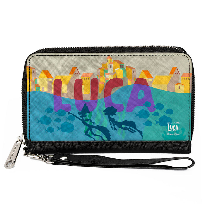Women's PU Zip Around Wallet Rectangle - Luca and Alberto Sea Monster Seaside Silhouette Scene Clutch Zip Around Wallets Disney   