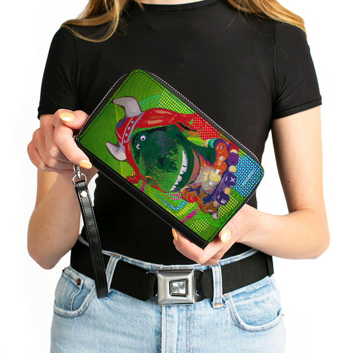 Women's PU Zip Around Wallet Rectangle - Toy Story Partysaurus Rex Viking Pose Greens Multi Color Clutch Zip Around Wallets Disney   