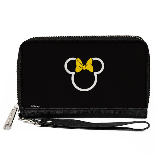 Women's PU Zip Around Wallet Rectangle - Minnie Mouse Ears and Bow Icon Outline Black White Yellow Clutch Zip Around Wallets Disney   