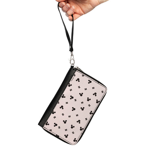 Women's PU Zip Around Wallet Rectangle - Mickey Mouse Ears and M Logo Scattered White Black Clutch Zip Around Wallets Disney   