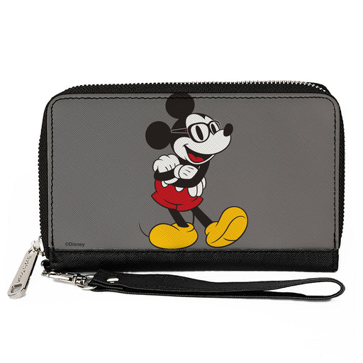 Women's PU Zip Around Wallet Rectangle - Mickey Mouse Wearing Glasses Arms Crossed Pose Gray Clutch Zip Around Wallets Disney   