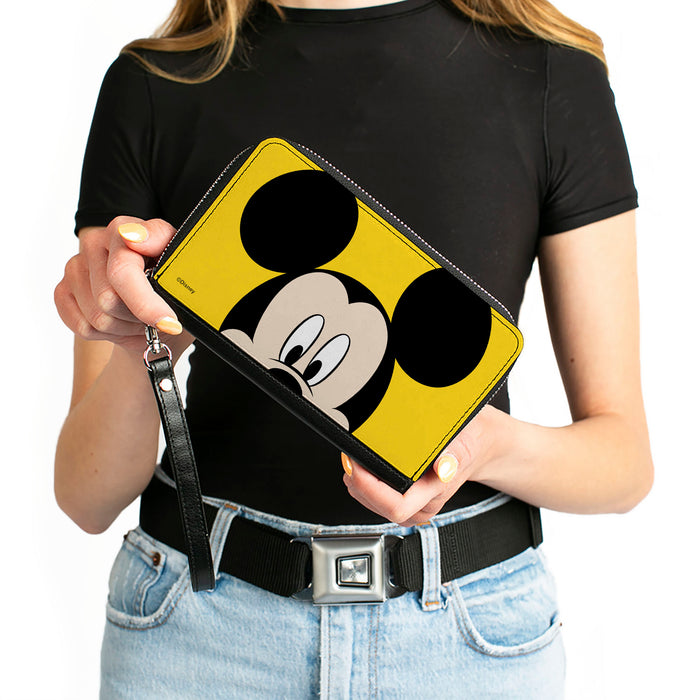 Women's PU Zip Around Wallet Rectangle - Mickey Mouse Face Close-Up Yellow Clutch Zip Around Wallets Disney   