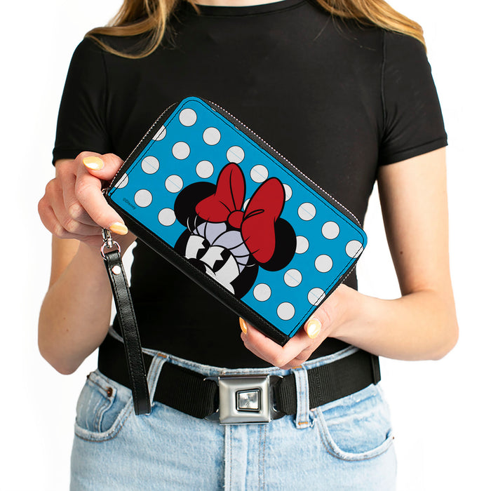 Women's PU Zip Around Wallet Rectangle - Minnie Style Face CLOSE-UP Dots Blue White Clutch Zip Around Wallets Disney   
