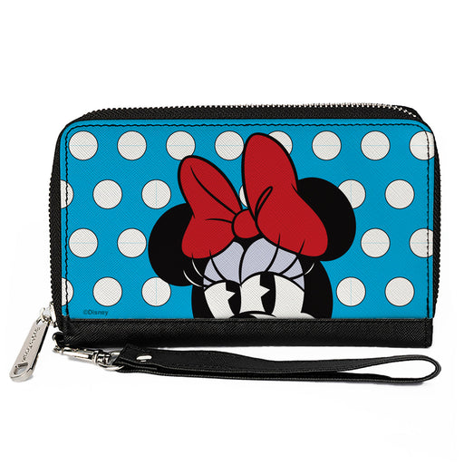 Women's PU Zip Around Wallet Rectangle - Minnie Style Face CLOSE-UP Dots Blue White Clutch Zip Around Wallets Disney   