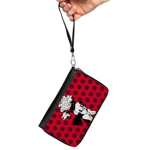 Women's PU Zip Around Wallet Rectangle - Vintage Minnie Mouse Over the Shoulder Pose Dots Reds Black White Clutch Zip Around Wallets Disney   