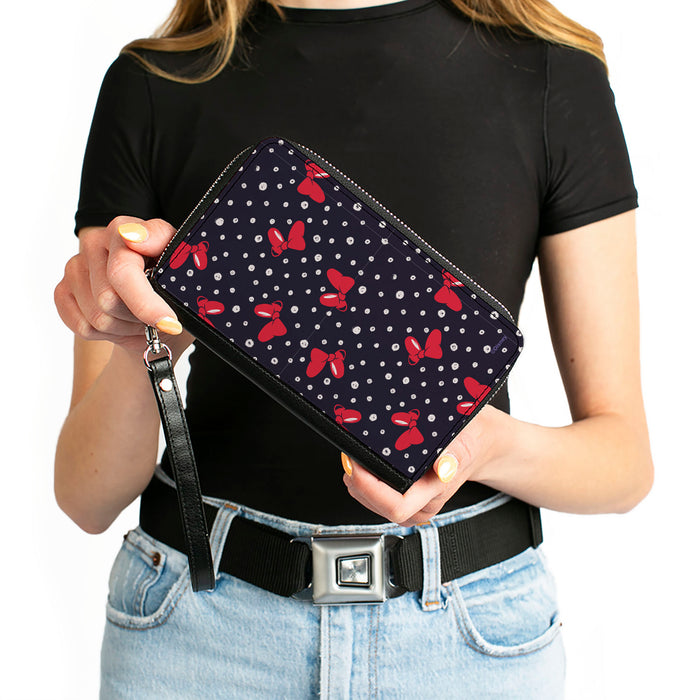 Women's PU Zip Around Wallet Rectangle - Minnie Mouse Bow and Dots Scattered Black Red White Clutch Zip Around Wallets Disney   