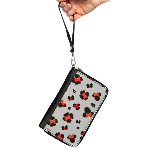 Women's PU Zip Around Wallet Rectangle - Minnie Mouse Leopard Print Icon Gray Black Red Clutch Zip Around Wallets Disney   