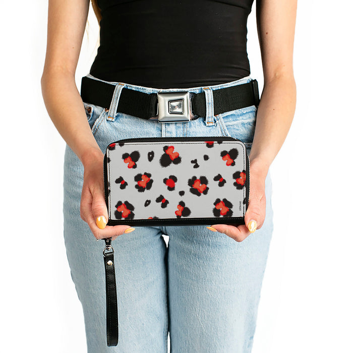 Women's PU Zip Around Wallet Rectangle - Minnie Mouse Leopard Print Icon Gray Black Red Clutch Zip Around Wallets Disney   