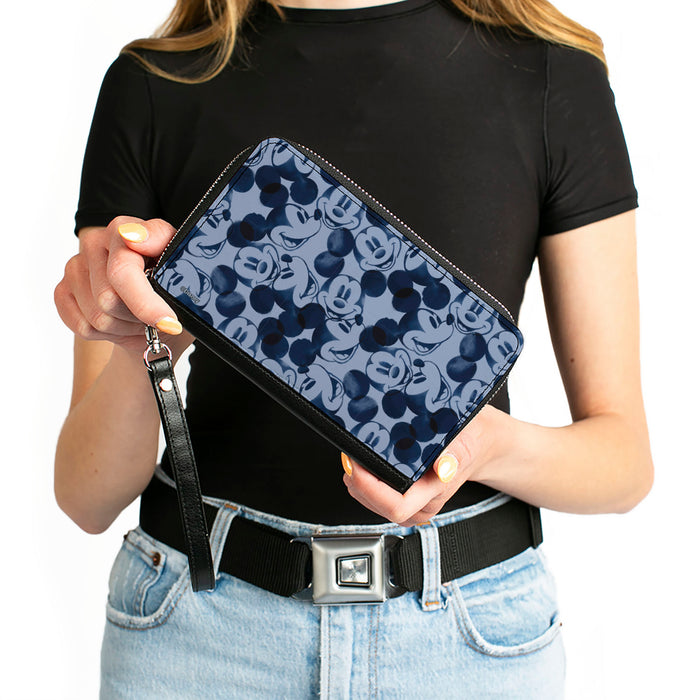Women's PU Zip Around Wallet Rectangle - Mickey Mouse Expression Impressions Stacked Gray Blues Clutch Zip Around Wallets Disney   
