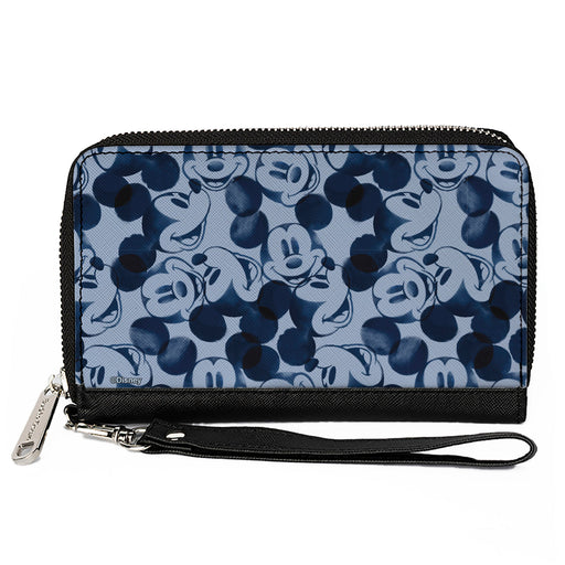 Women's PU Zip Around Wallet Rectangle - Mickey Mouse Expression Impressions Stacked Gray Blues Clutch Zip Around Wallets Disney   