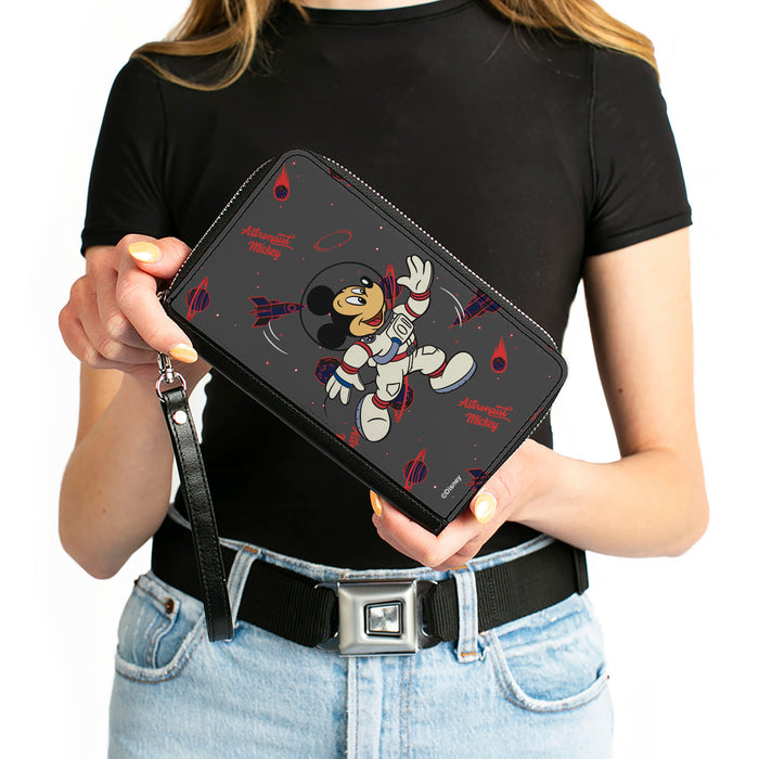 Women's PU Zip Around Wallet Rectangle - Astronaut Mickey in Space Pose Gray Red Blue Clutch Zip Around Wallets Disney   