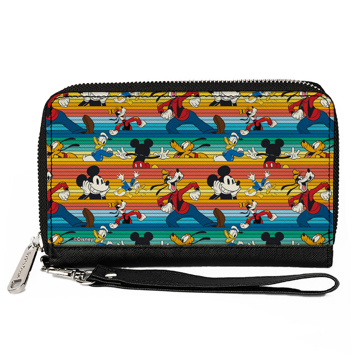 Women's PU Zip Around Wallet Rectangle - Disney Mickey and Friends Fab Four Stripes Multi Color Clutch Zip Around Wallets Disney   
