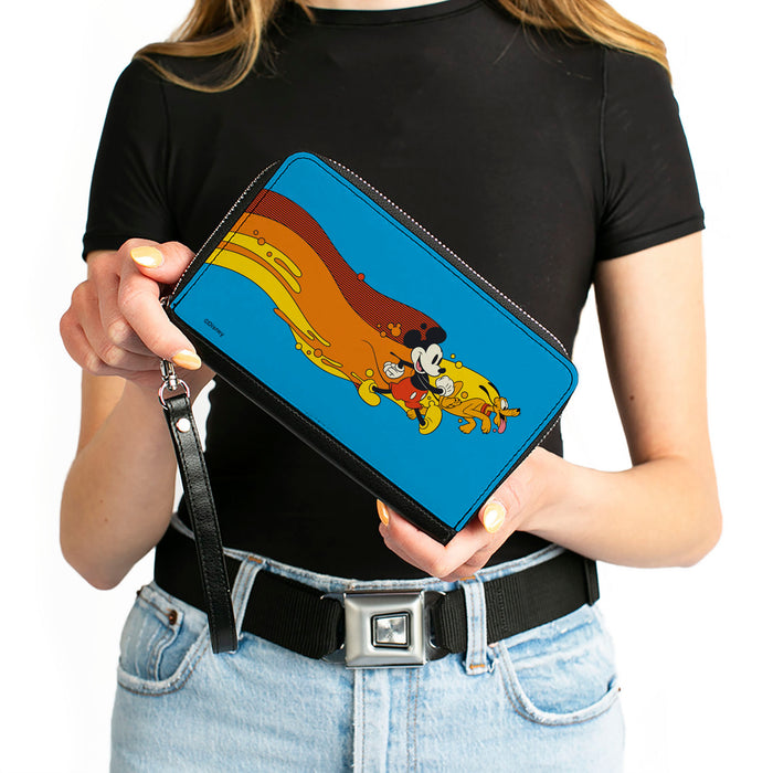 Women's PU Zip Around Wallet Rectangle - Mickey Mouse and Pluto Action Wave Pose Blue Red Orange Yellow Clutch Zip Around Wallets Disney   