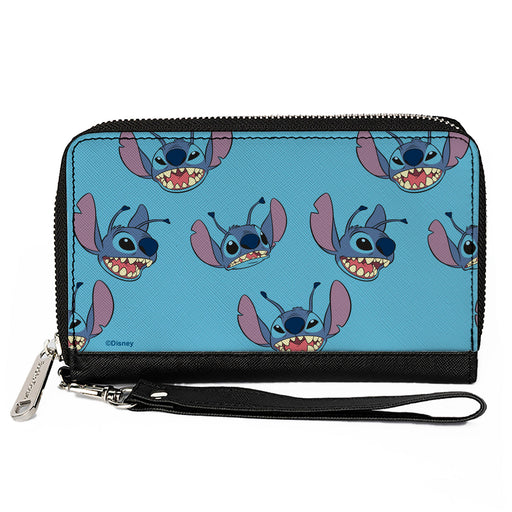 Women's PU Zip Around Wallet Rectangle - Lilo & Stitch Stitch Expressions Scattered Blue Clutch Zip Around Wallets Disney   