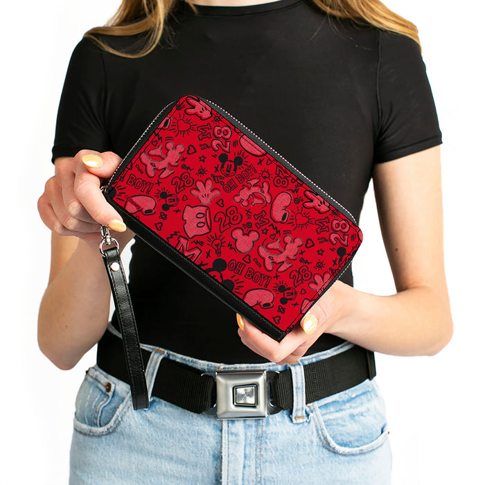 PU Zip Around Wallet Rectangle - Mickey Mouse Icon Doodles Collage Reds/Black Clutch Zip Around Wallets Disney   