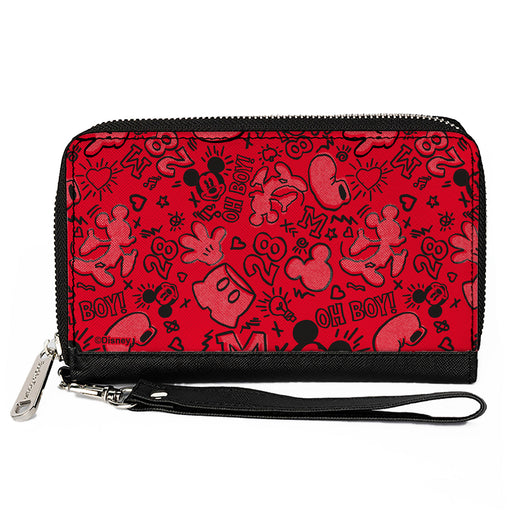 PU Zip Around Wallet Rectangle - Mickey Mouse Icon Doodles Collage Reds/Black Clutch Zip Around Wallets Disney   