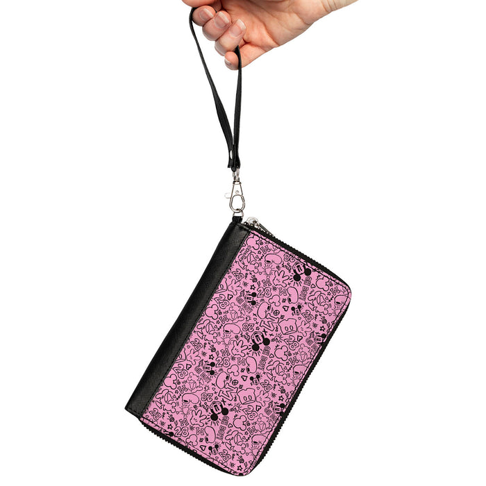 PU Zip Around Wallet Rectangle - Mickey Mouse Icon Doodles Collage Pink/Black Clutch Zip Around Wallets Disney   