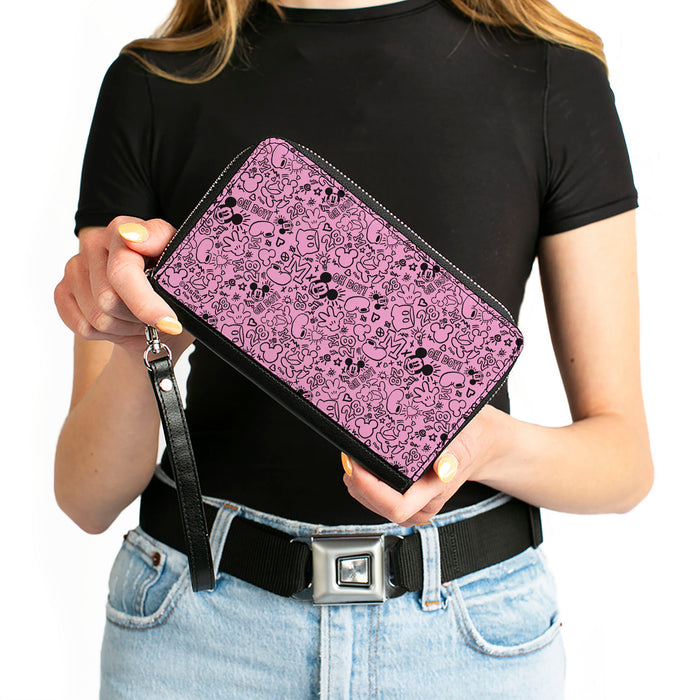 PU Zip Around Wallet Rectangle - Mickey Mouse Icon Doodles Collage Pink/Black Clutch Zip Around Wallets Disney   