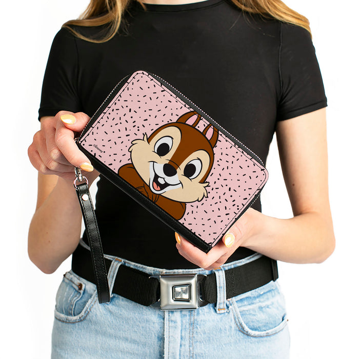 PU Zip Around Wallet Rectangle - Disney Chip n' Dale Chip Smiling Pose Sprinkle Pink Black Clutch Zip Around Wallets Disney   