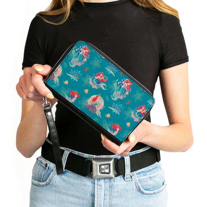 PU Zip Around Wallet Rectangle - The Little Mermaid Ariel with Flounder and Sebastian Poses Blue Clutch Zip Around Wallets Disney   