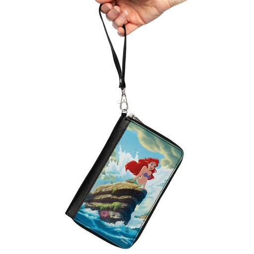 PU Zip Around Wallet Rectangle - The Little Mermaid Ariel Splash Rock Pose Clutch Zip Around Wallets Disney   