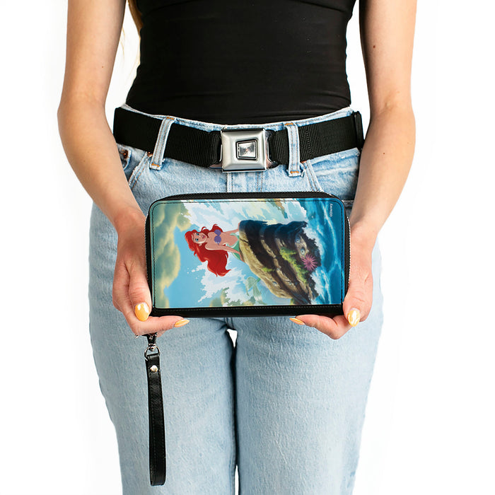 PU Zip Around Wallet Rectangle - The Little Mermaid Ariel Splash Rock Pose Clutch Zip Around Wallets Disney   