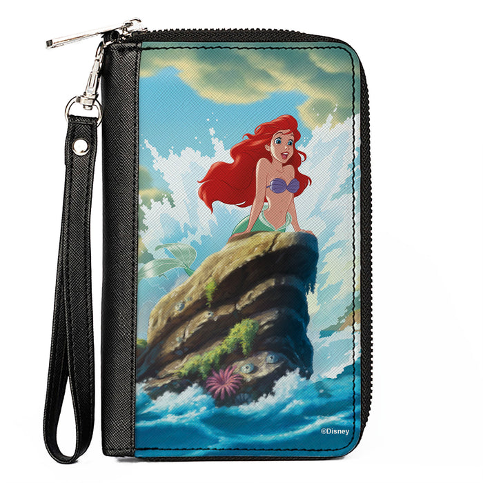 PU Zip Around Wallet Rectangle - The Little Mermaid Ariel Splash Rock Pose Clutch Zip Around Wallets Disney   