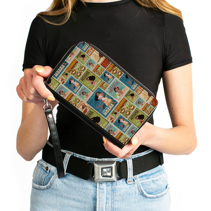 PU Zip Around Wallet Rectangle - Moana Character Pose Blocks Collage Clutch Zip Around Wallets Disney   