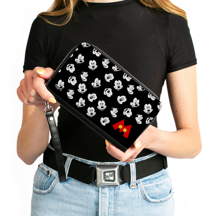 PU Zip Around Wallet Rectangle - Mickey Mouse 5-Expressions/Button Logo Black/White/Red/Yellows Clutch Zip Around Wallets Disney   