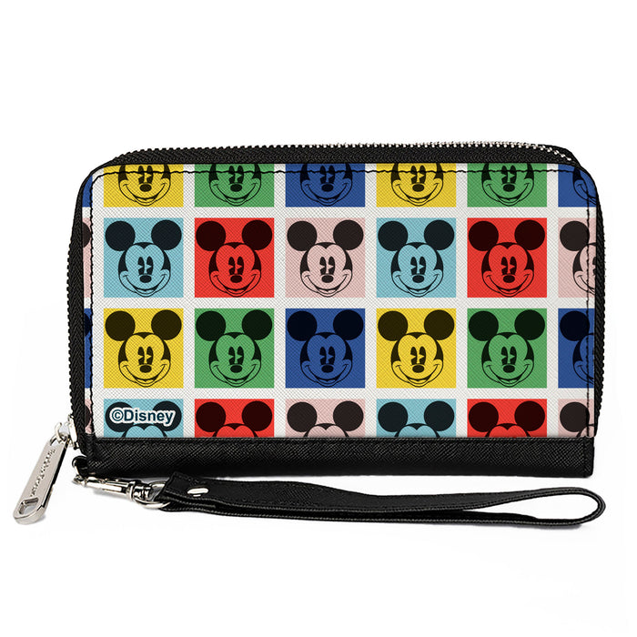 PU Zip Around Wallet Rectangle - Mickey Mouse Smiling Blocks White/Multi Color Clutch Zip Around Wallets Disney   