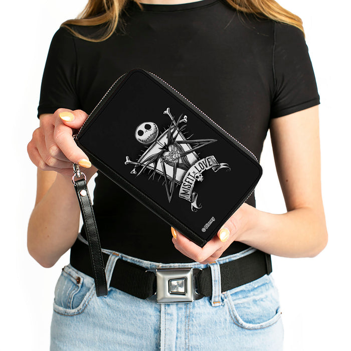 PU Zip Around Wallet Rectangle - A Nightmare Before Christmas MISFIT LOVE Jack and Sally Poses Black/Grays Clutch Zip Around Wallets Disney   
