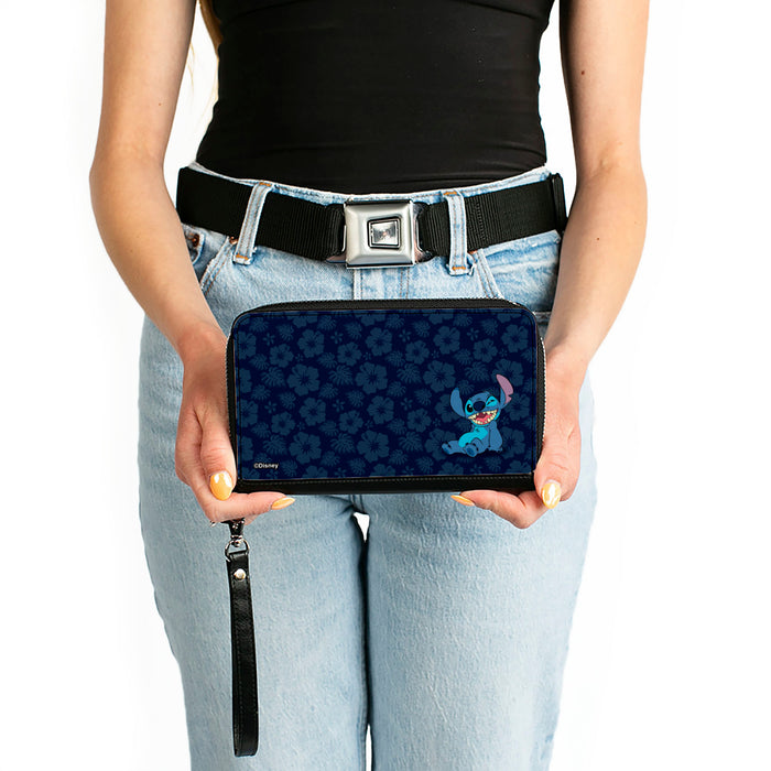 PU Zip Around Wallet Rectangle - Stitch Winking Pose/Tropical Flora Blues Clutch Zip Around Wallets Disney   