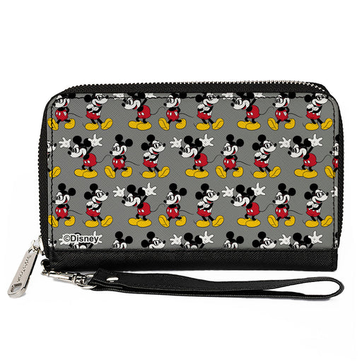 PU Zip Around Wallet Rectangle - Nerdy Mickey Mouse 3-Pose Stripe Gray Clutch Zip Around Wallets Disney   