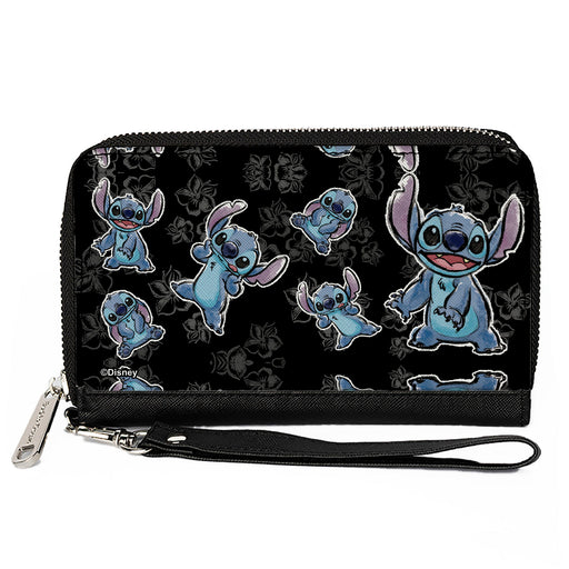 PU Zip Around Wallet Rectangle - Stitch 3-Poses Scattered/Hibiscus Sketch Black/Grays Clutch Zip Around Wallets Disney   