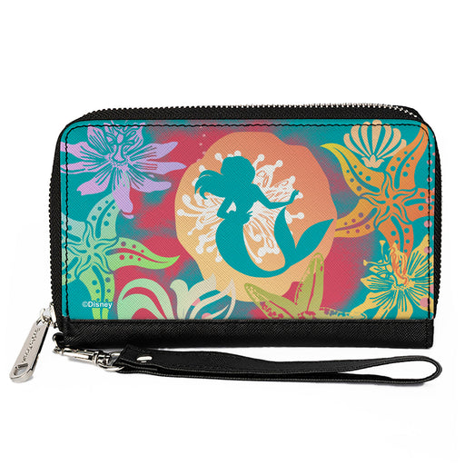 PU Zip Around Wallet Rectangle - Ariel Pose Silhouette/Shells & Sea Flowers Collage Aqua Blue/Multi Color Clutch Zip Around Wallets Disney   