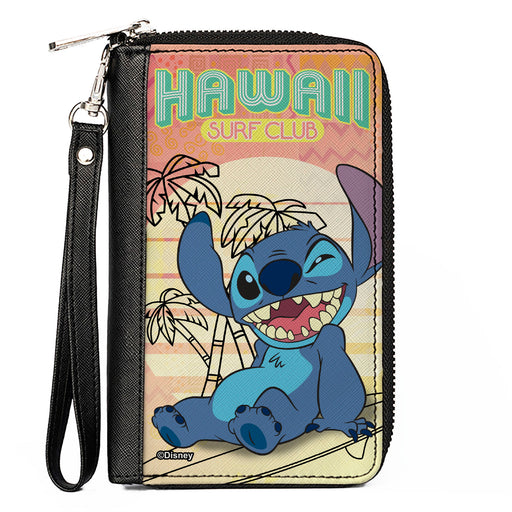 PU Zip Around Wallet Rectangle - HAWAII SURF CLUB Stitch Winking Pose + Sun/Pattern Blocks Pinks/Yellows Clutch Zip Around Wallets Disney   