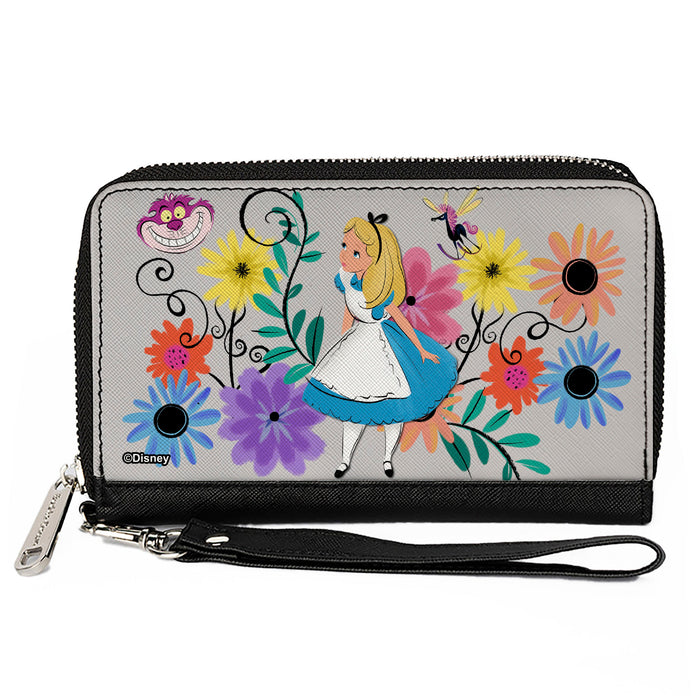 PU Zip Around Wallet Rectangle - Alice Pose/Cheshire Cat Face/Flowers of Wonderland + Flower Trio Gray/Multi Color Clutch Zip Around Wallets Disney   