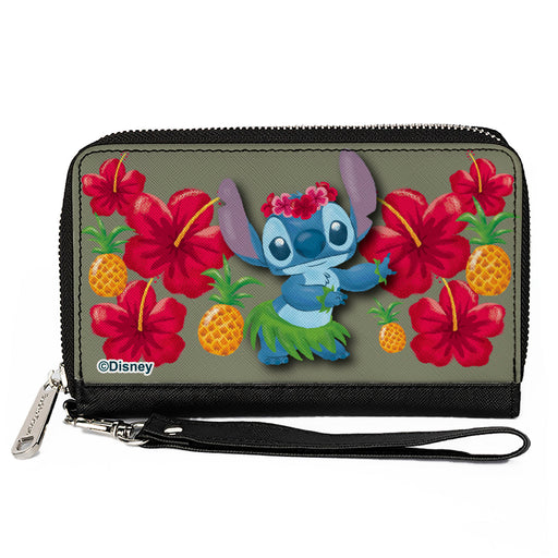 PU Zip Around Wallet Rectangle - Lilo & Stitch Stitch Hula Pose and Hibiscus Flowers Pineapples Gray Clutch Zip Around Wallets Disney   