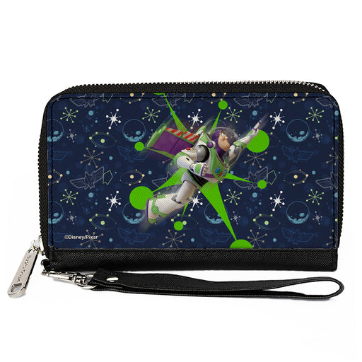 PU Zip Around Wallet Rectangle - Toy Story Buzz Lightyear Flight Pose + Space Ranger Logo/Icons Blues/Greens Clutch Zip Around Wallets Disney   