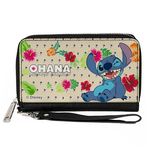 PU Zip Around Wallet Rectangle - Lilo & Stitch Stitch Winking Pose OHANA MEANS FAMILY Tropical Flora Cream/Multi Color Clutch Zip Around Wallets Disney   