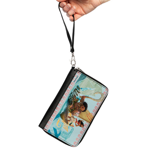 PU Zip Around Wallet Rectangle - Moana Voyage Group Pose/Tribal Icons Collage Blues Clutch Zip Around Wallets Disney   