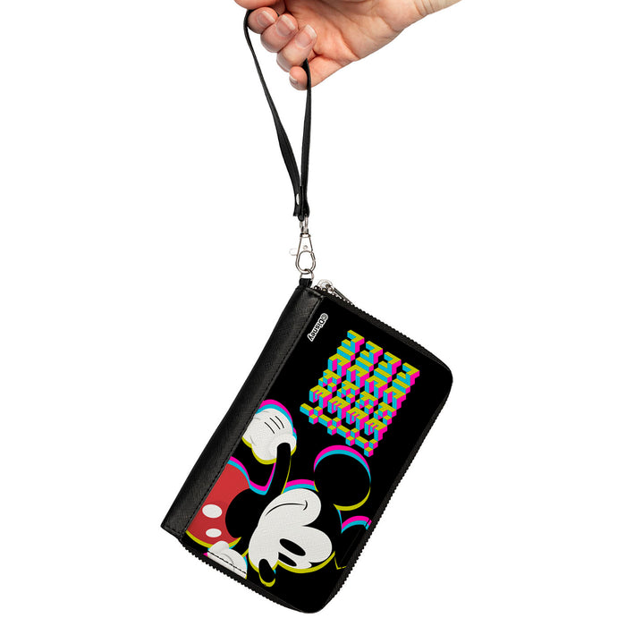 PU Zip Around Wallet Rectangle - MICKEY MOUSE Walking Pose and Pixel Text Black/Multi Neon Clutch Zip Around Wallets Disney   