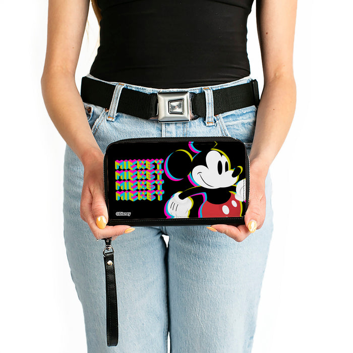 PU Zip Around Wallet Rectangle - MICKEY MOUSE Walking Pose and Pixel Text Black/Multi Neon Clutch Zip Around Wallets Disney   