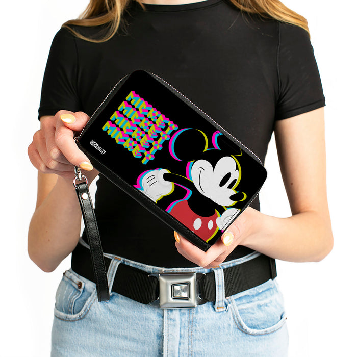 PU Zip Around Wallet Rectangle - MICKEY MOUSE Walking Pose and Pixel Text Black/Multi Neon Clutch Zip Around Wallets Disney   