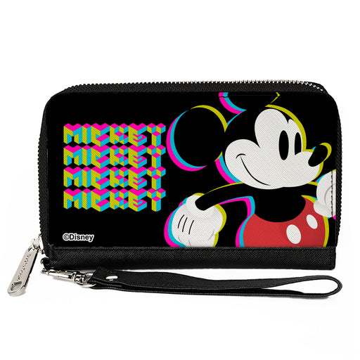 PU Zip Around Wallet Rectangle - MICKEY MOUSE Walking Pose and Pixel Text Black/Multi Neon Clutch Zip Around Wallets Disney   