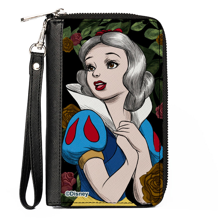 PU Zip Around Wallet Rectangle - Snow White Pose Sketch/Roses Black/Greens/Reds/Golds Clutch Zip Around Wallets Disney   