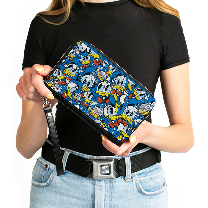 PU Zip Around Wallet Rectangle - Donald Duck Expressions Stacked Blues Clutch Zip Around Wallets Disney   