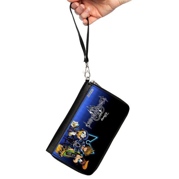 PU Zip Around Wallet Rectangle - Kingdom Hearts Donald Sora and Goofy Group Pose Blue Fade Clutch Zip Around Wallets Disney   
